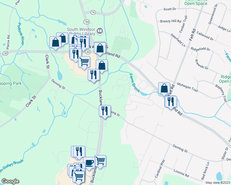 map of restaurants, bars, coffee shops, grocery stores, and more near Berry Patch in South Windsor