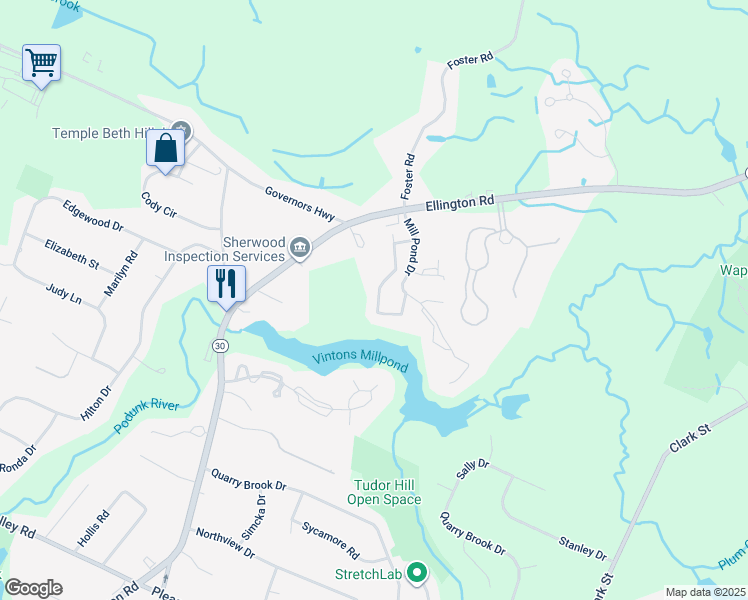 map of restaurants, bars, coffee shops, grocery stores, and more near 1810 Mill Pond Drive in South Windsor