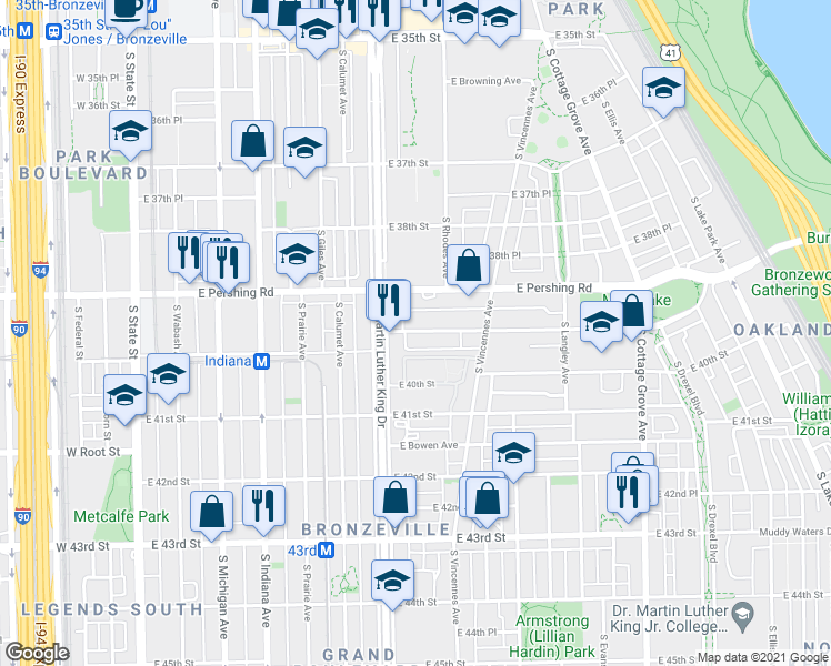 map of restaurants, bars, coffee shops, grocery stores, and more near 438 East Oakwood Boulevard in Chicago