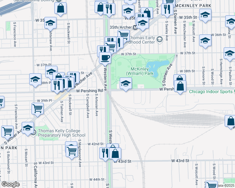 map of restaurants, bars, coffee shops, grocery stores, and more near 2245 West Pershing Road in Chicago