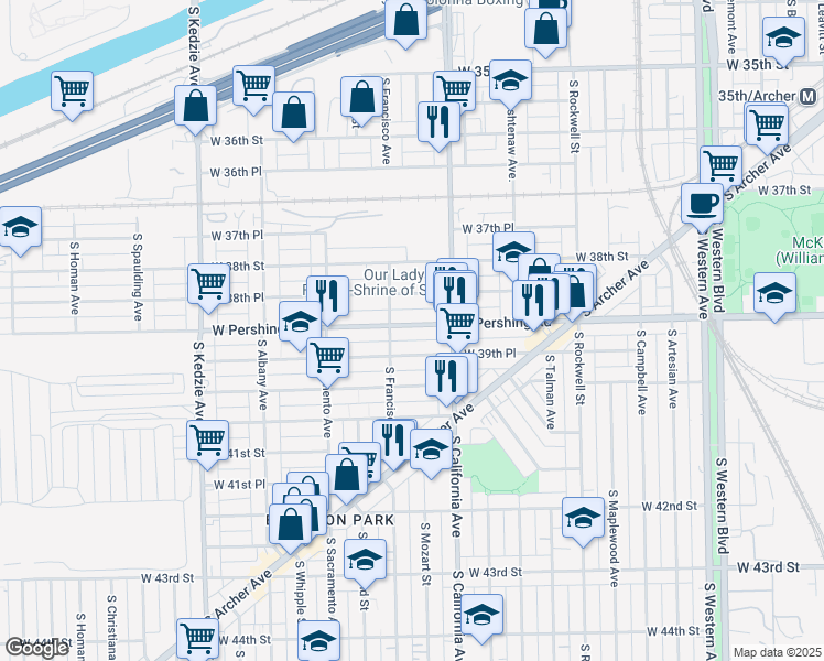 map of restaurants, bars, coffee shops, grocery stores, and more near 2834 West Pershing Road in Chicago