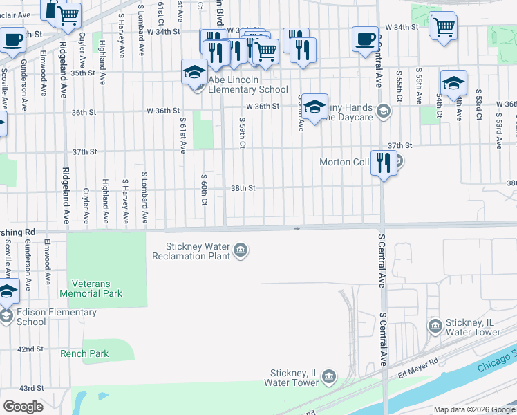 map of restaurants, bars, coffee shops, grocery stores, and more near 3810 South 59th Avenue in Cicero