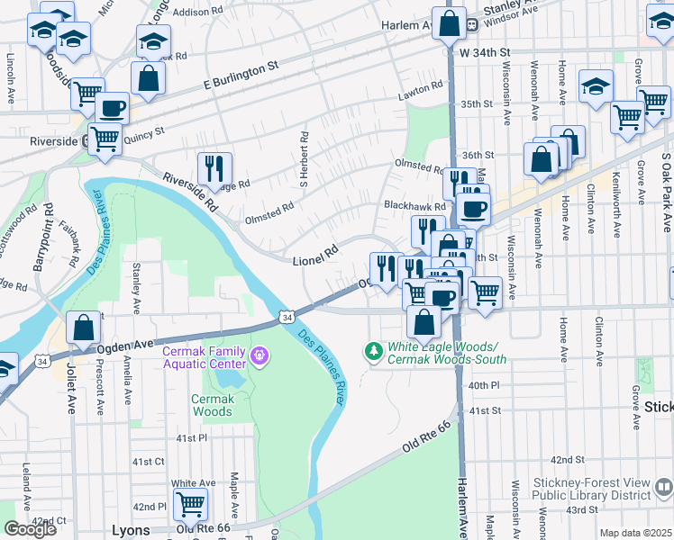 map of restaurants, bars, coffee shops, grocery stores, and more near 271 Lionel Road in Riverside
