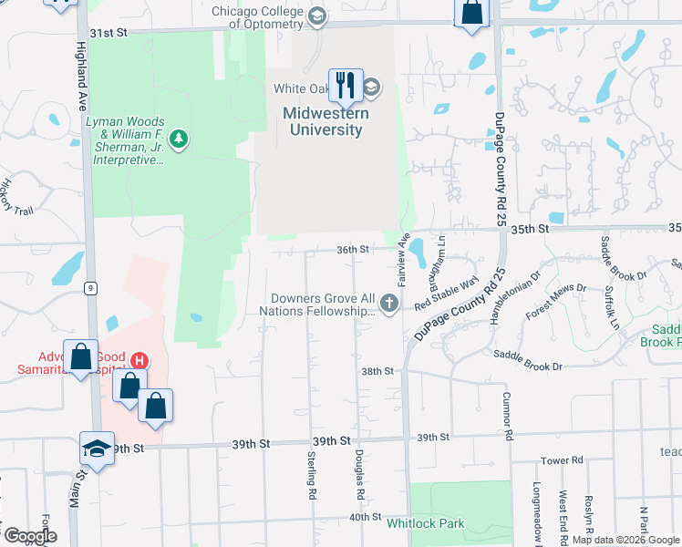 map of restaurants, bars, coffee shops, grocery stores, and more near 525 36th Street in Downers Grove