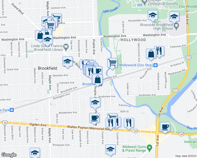 map of restaurants, bars, coffee shops, grocery stores, and more near 8822 Brookfield Avenue in Brookfield