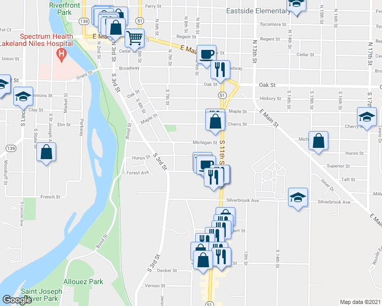 map of restaurants, bars, coffee shops, grocery stores, and more near 531 Huron Street in Niles