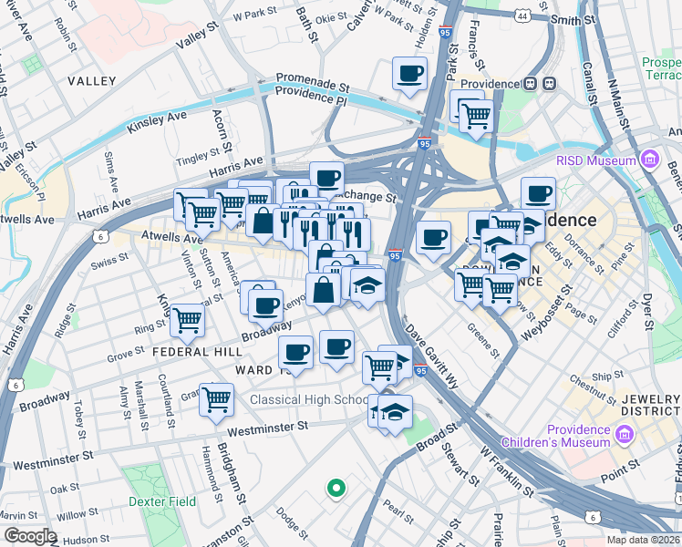 map of restaurants, bars, coffee shops, grocery stores, and more near 23 Newton Street in Providence