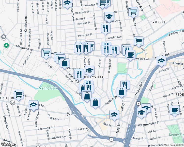 map of restaurants, bars, coffee shops, grocery stores, and more near 54 Joslin Street in Providence