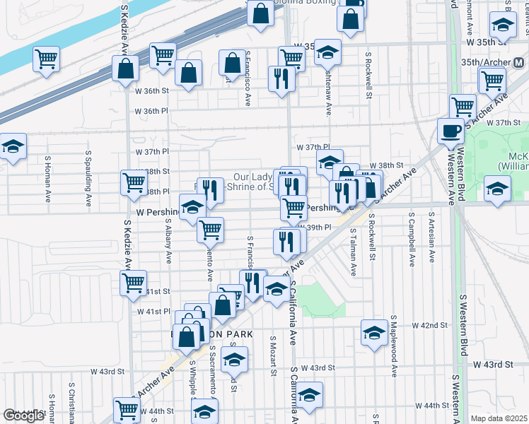 map of restaurants, bars, coffee shops, grocery stores, and more near 2834 West Pershing Road in Chicago