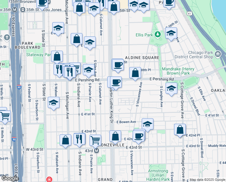 map of restaurants, bars, coffee shops, grocery stores, and more near South King Drive & East Oakwood Boulevard in Chicago