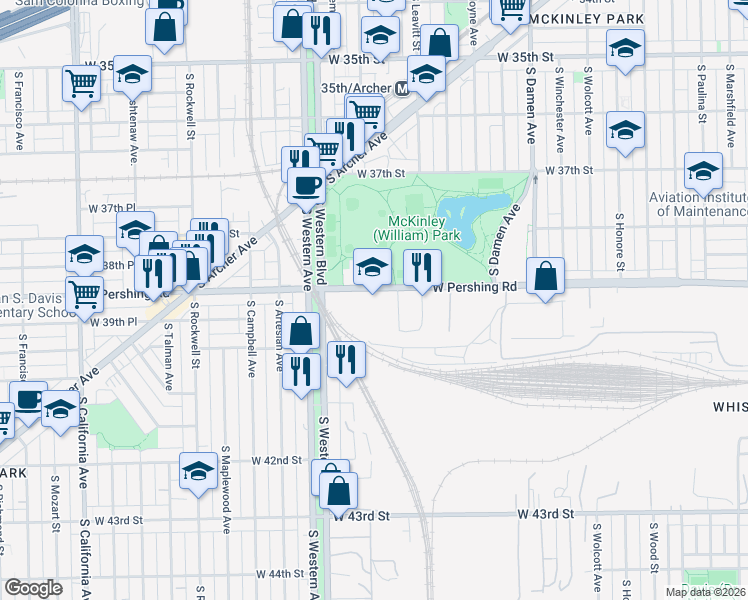 map of restaurants, bars, coffee shops, grocery stores, and more near 2245 West Pershing Road in Chicago