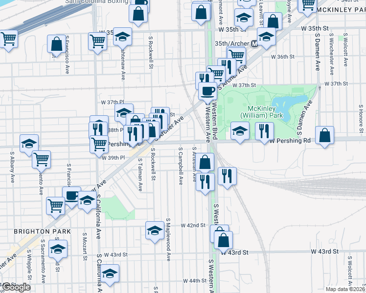 map of restaurants, bars, coffee shops, grocery stores, and more near 2454 West Pershing Road in Chicago