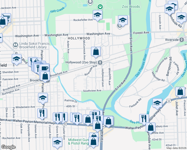 map of restaurants, bars, coffee shops, grocery stores, and more near 3715 McCormick Avenue in Brookfield