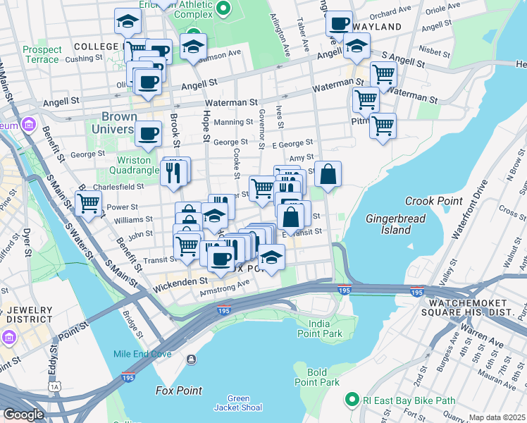 map of restaurants, bars, coffee shops, grocery stores, and more near 75 Governor Street in Providence