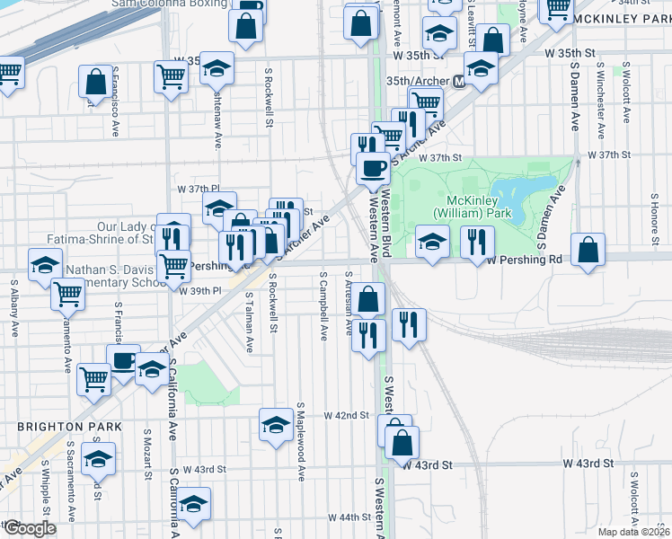 map of restaurants, bars, coffee shops, grocery stores, and more near 2454 West Pershing Road in Chicago