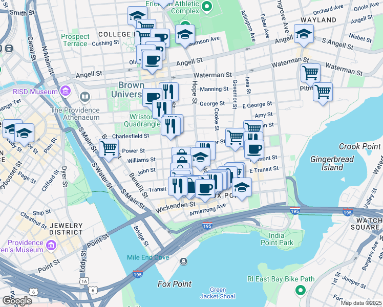 map of restaurants, bars, coffee shops, grocery stores, and more near 122 Hope Street in Providence