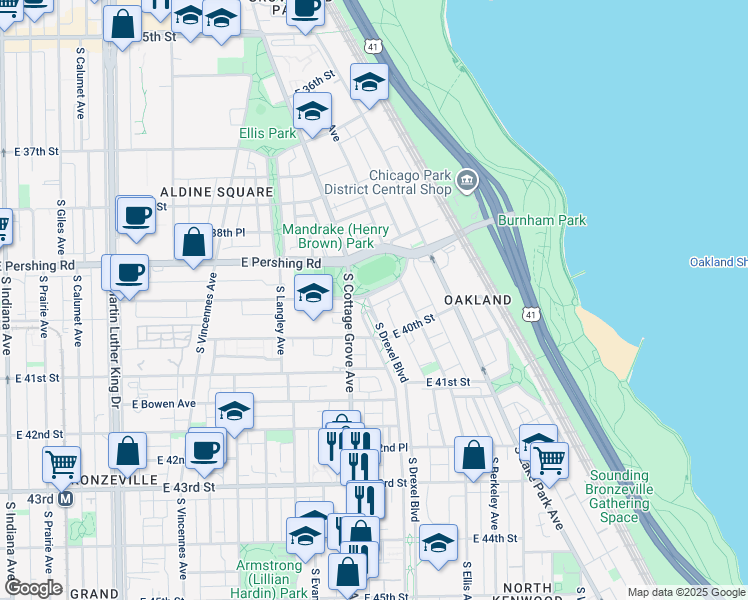 map of restaurants, bars, coffee shops, grocery stores, and more near 801 East Oakwood Boulevard in Chicago