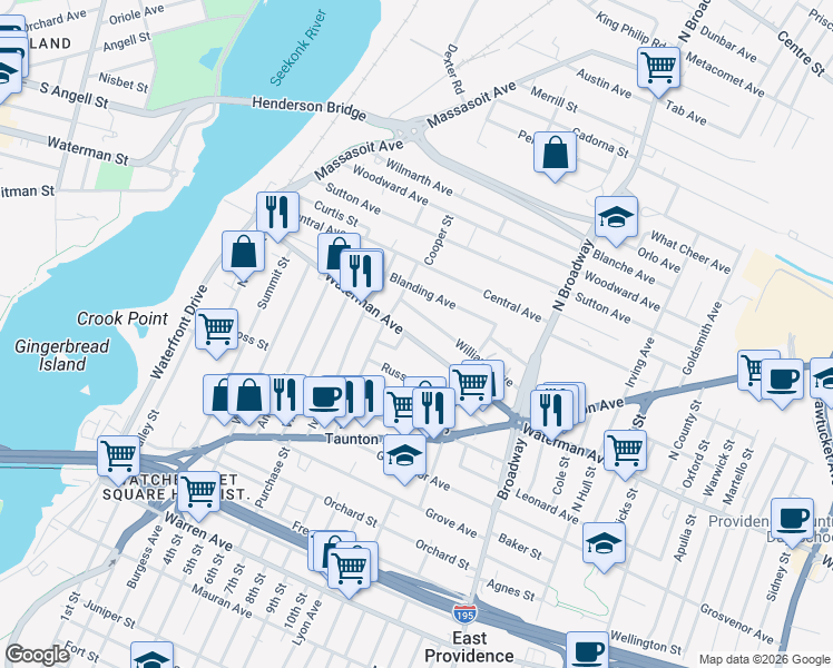 map of restaurants, bars, coffee shops, grocery stores, and more near 35 Williams Avenue in East Providence