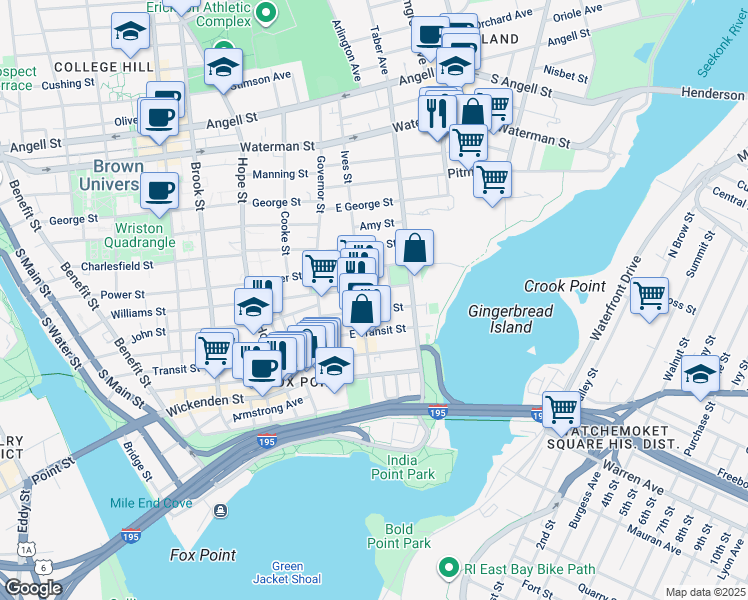 map of restaurants, bars, coffee shops, grocery stores, and more near 347 Williams Street in Providence