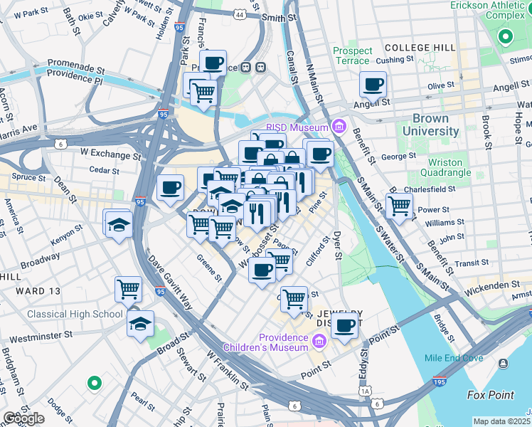 map of restaurants, bars, coffee shops, grocery stores, and more near 90 Eddy Street in Providence