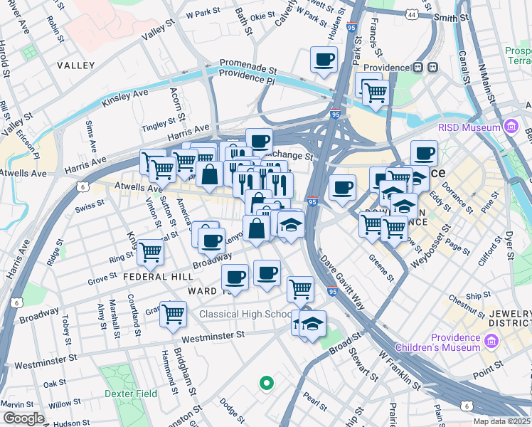 map of restaurants, bars, coffee shops, grocery stores, and more near 23 Newton Street in Providence