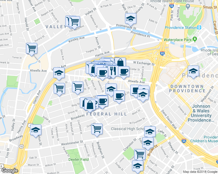 map of restaurants, bars, coffee shops, grocery stores, and more near 11 Africa Street in Providence