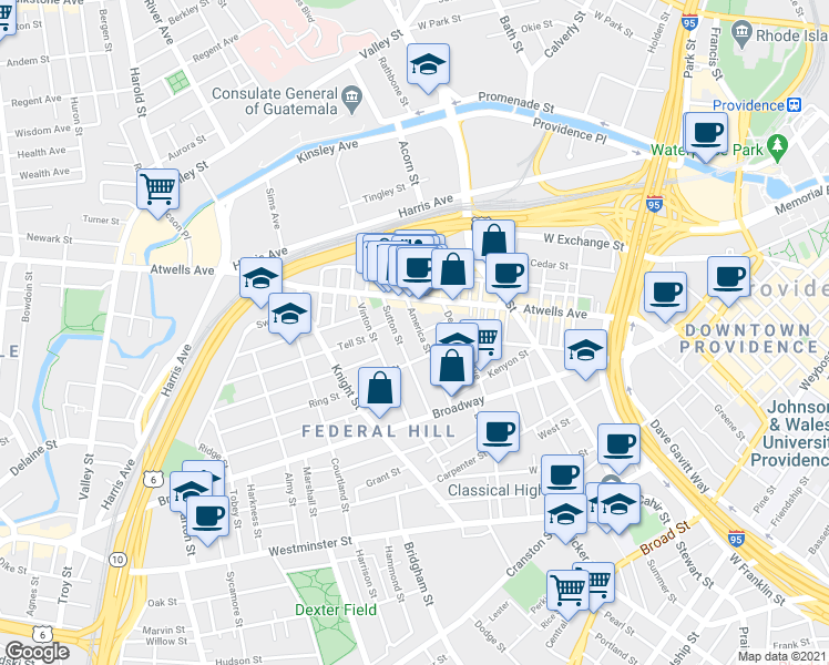 map of restaurants, bars, coffee shops, grocery stores, and more near 74 Sutton Street in Providence