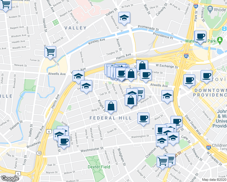 map of restaurants, bars, coffee shops, grocery stores, and more near 74 Sutton Street in Providence
