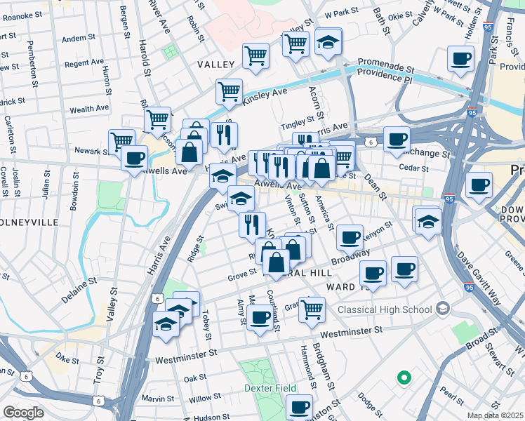 map of restaurants, bars, coffee shops, grocery stores, and more near 45 Gesler Street in Providence