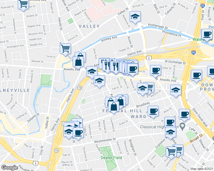 map of restaurants, bars, coffee shops, grocery stores, and more near 45 Gesler Street in Providence
