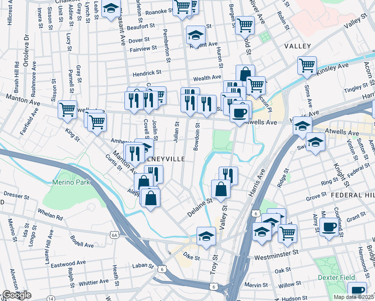 map of restaurants, bars, coffee shops, grocery stores, and more near 118 Bowdoin Street in Providence