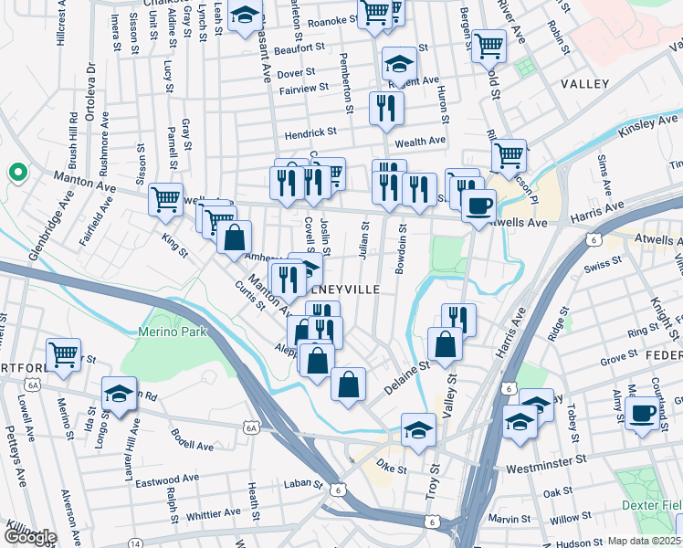 map of restaurants, bars, coffee shops, grocery stores, and more near 54 Joslin Street in Providence