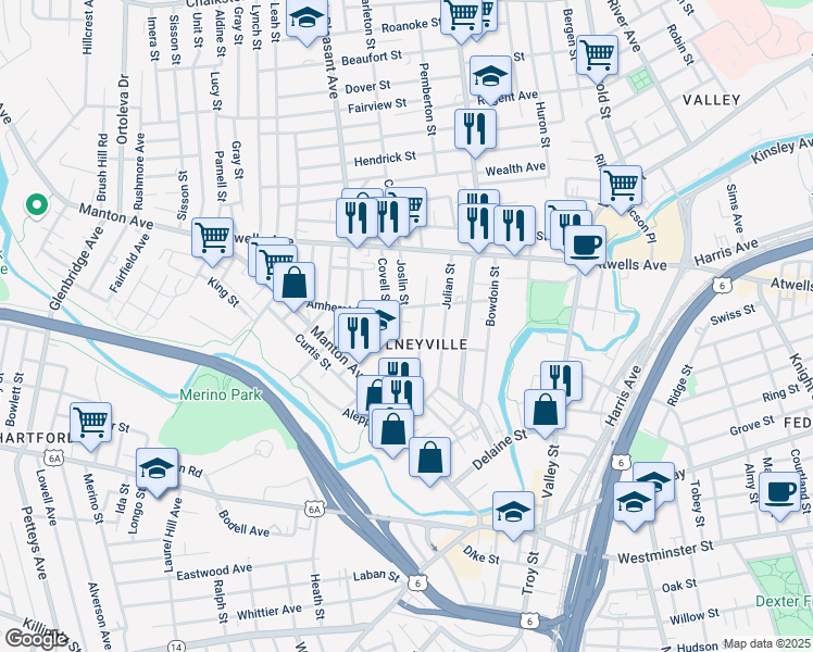 map of restaurants, bars, coffee shops, grocery stores, and more near 54 Joslin Street in Providence