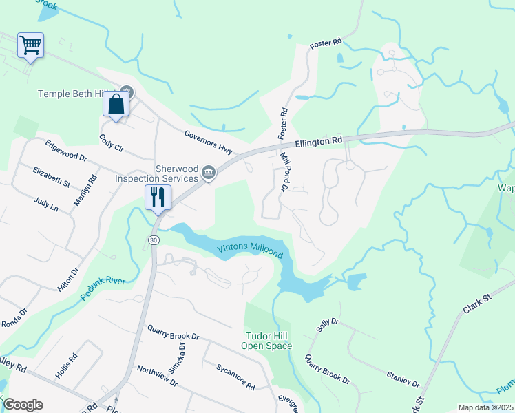 map of restaurants, bars, coffee shops, grocery stores, and more near 1810 Mill Pond Drive in South Windsor