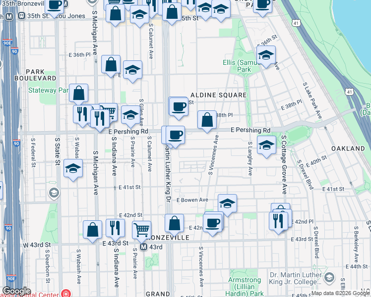map of restaurants, bars, coffee shops, grocery stores, and more near 438 East Oakwood Boulevard in Chicago