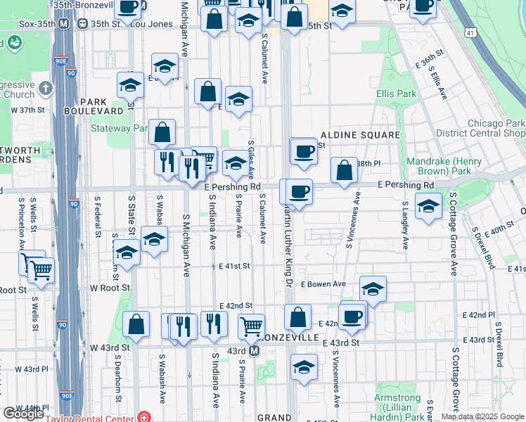 map of restaurants, bars, coffee shops, grocery stores, and more near 3919 South Calumet Avenue in Chicago