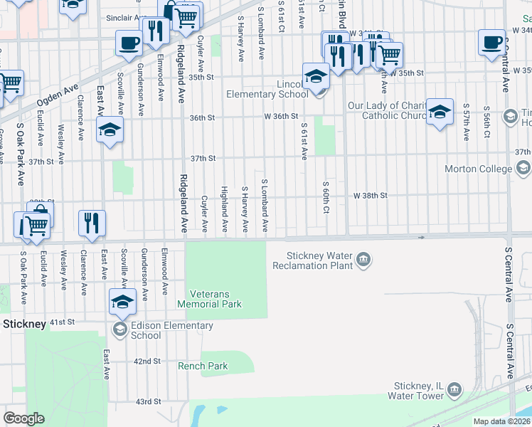 map of restaurants, bars, coffee shops, grocery stores, and more near 3809 South Harvey Avenue in Berwyn