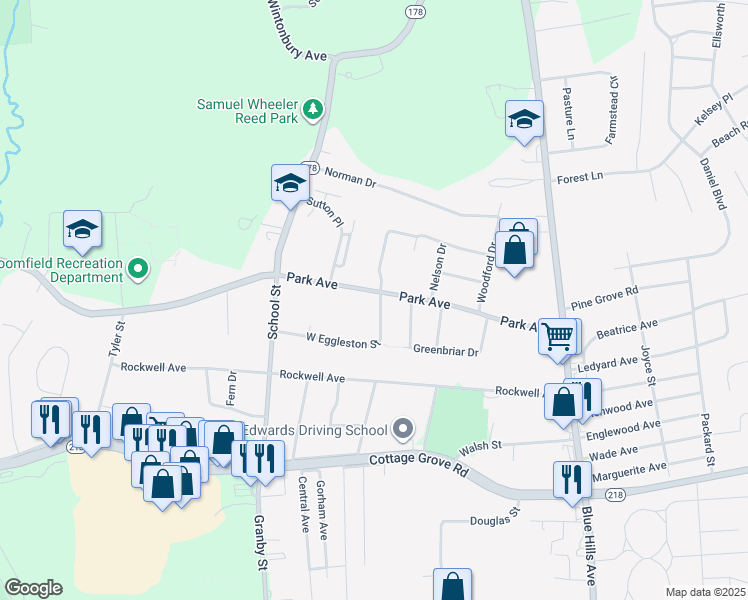 map of restaurants, bars, coffee shops, grocery stores, and more near 140 Park Avenue in Bloomfield
