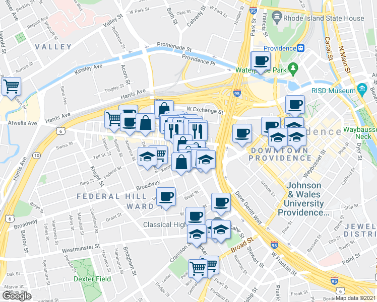 map of restaurants, bars, coffee shops, grocery stores, and more near 10 Pequot Street in Providence