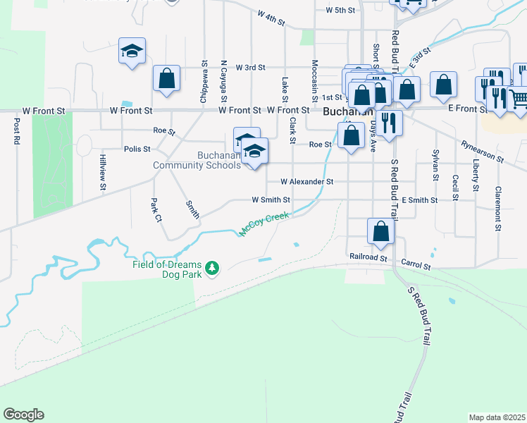 map of restaurants, bars, coffee shops, grocery stores, and more near 409 West Smith Street in Buchanan
