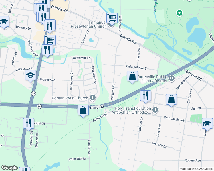 map of restaurants, bars, coffee shops, grocery stores, and more near 29W274 Warren Court in Warrenville