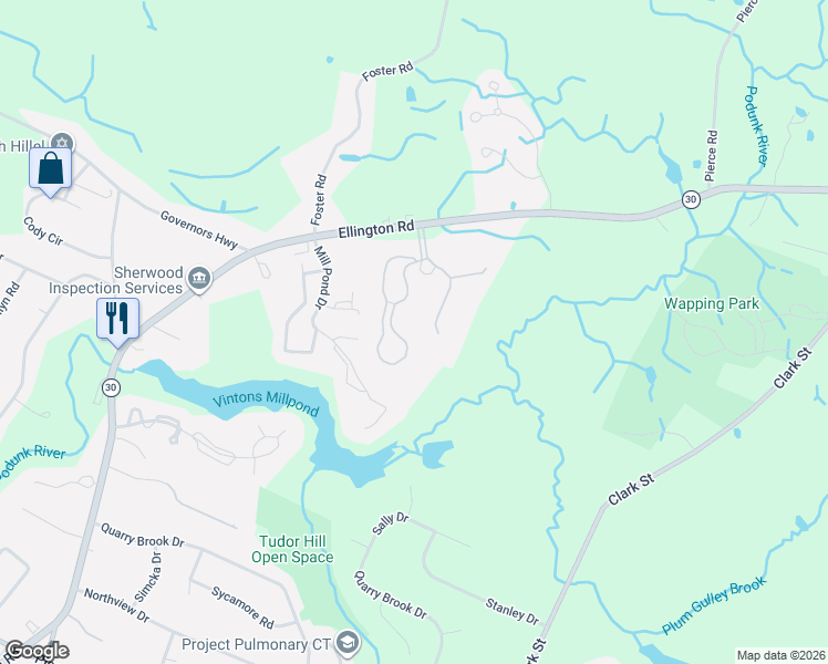 map of restaurants, bars, coffee shops, grocery stores, and more near 807 Twin Circle Drive in South Windsor