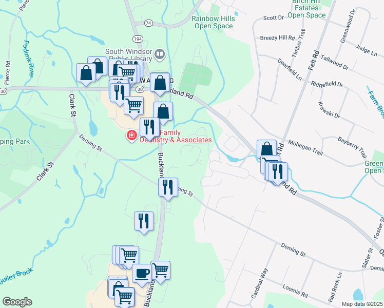 map of restaurants, bars, coffee shops, grocery stores, and more near 432 Buckland Road in South Windsor