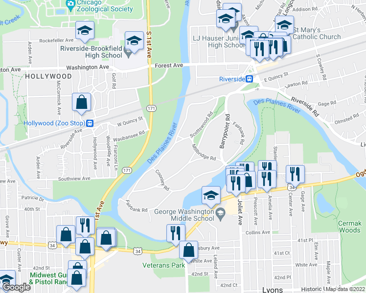 map of restaurants, bars, coffee shops, grocery stores, and more near 205 Bloomingbank Road in Riverside