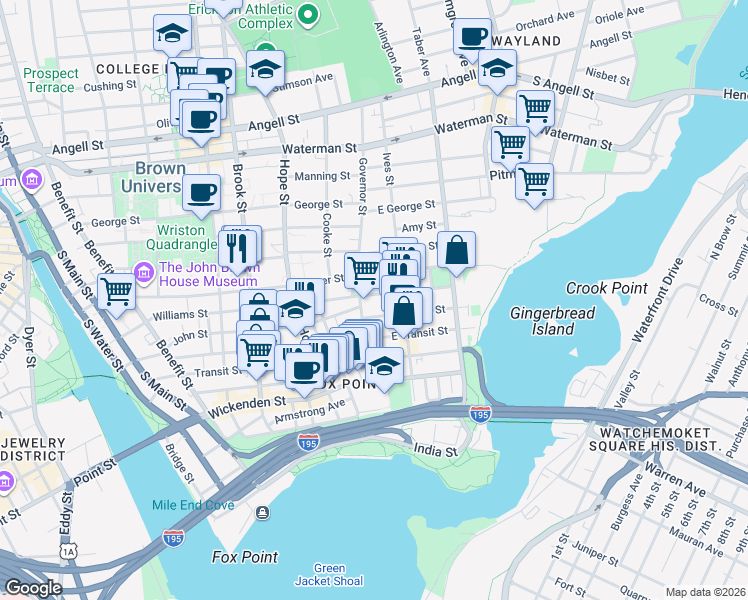 map of restaurants, bars, coffee shops, grocery stores, and more near 83 Governor Street in Providence
