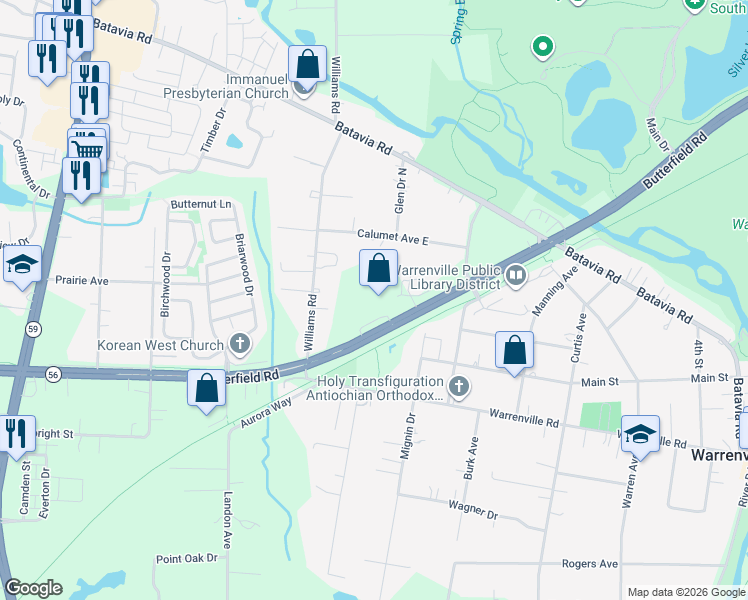 map of restaurants, bars, coffee shops, grocery stores, and more near 29W140 Butterfield Road in Warrenville