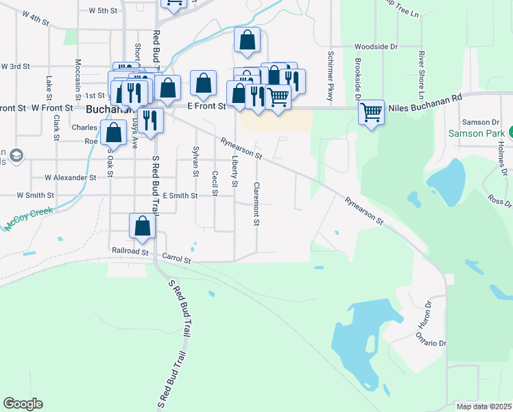 map of restaurants, bars, coffee shops, grocery stores, and more near 502 Claremont Street in Buchanan
