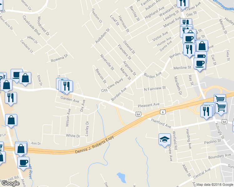 map of restaurants, bars, coffee shops, grocery stores, and more near 165 Borden Avenue in Johnston
