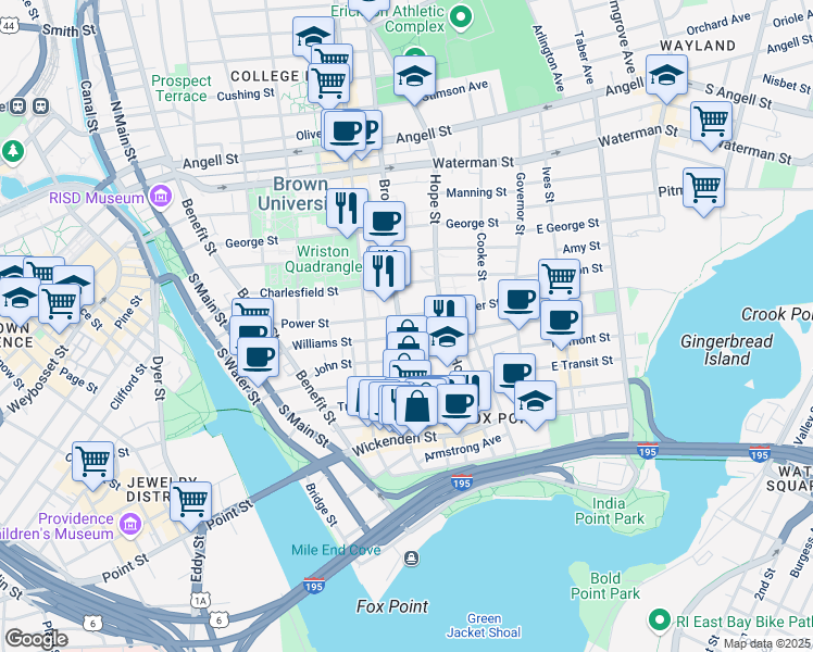 map of restaurants, bars, coffee shops, grocery stores, and more near 121 Power Street in Providence