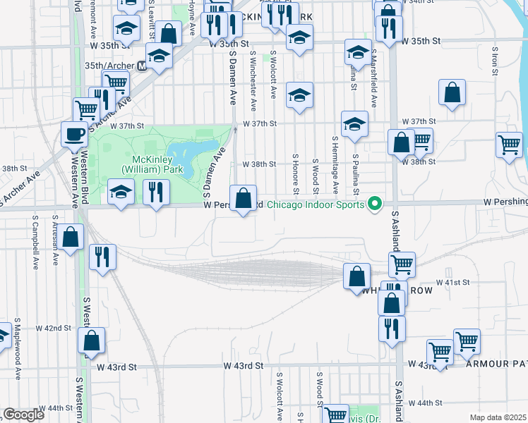 map of restaurants, bars, coffee shops, grocery stores, and more near 1903 West Pershing Road in Chicago